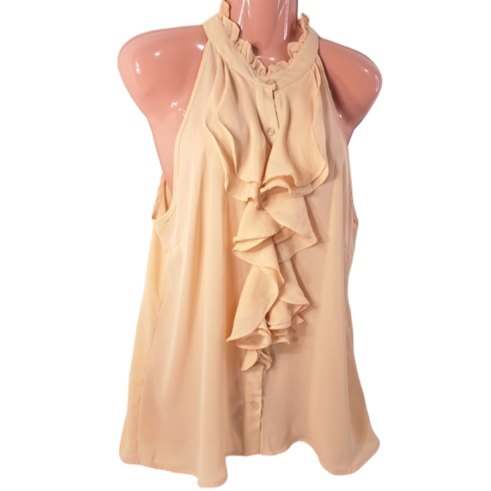 Charlotte Russe Women's Beige Sleeveless Ruffles Designs Button Blouse L - Picture 2 of 10
